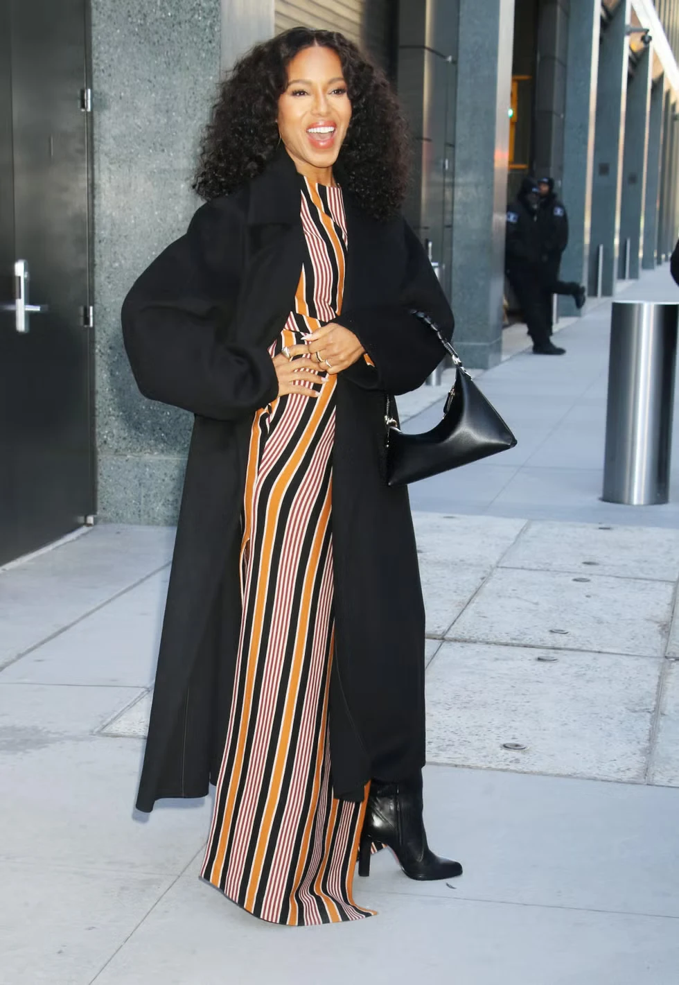 Kerry Washington arriving at The View in New York City wearing a bold statement coat.