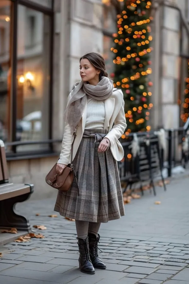 A chic combination of a plaid skirt and a soft knit top with a cream blazer. Tied together with a warm scarf and ankle boots, this look exudes winter charm and is perfect for festive outings.