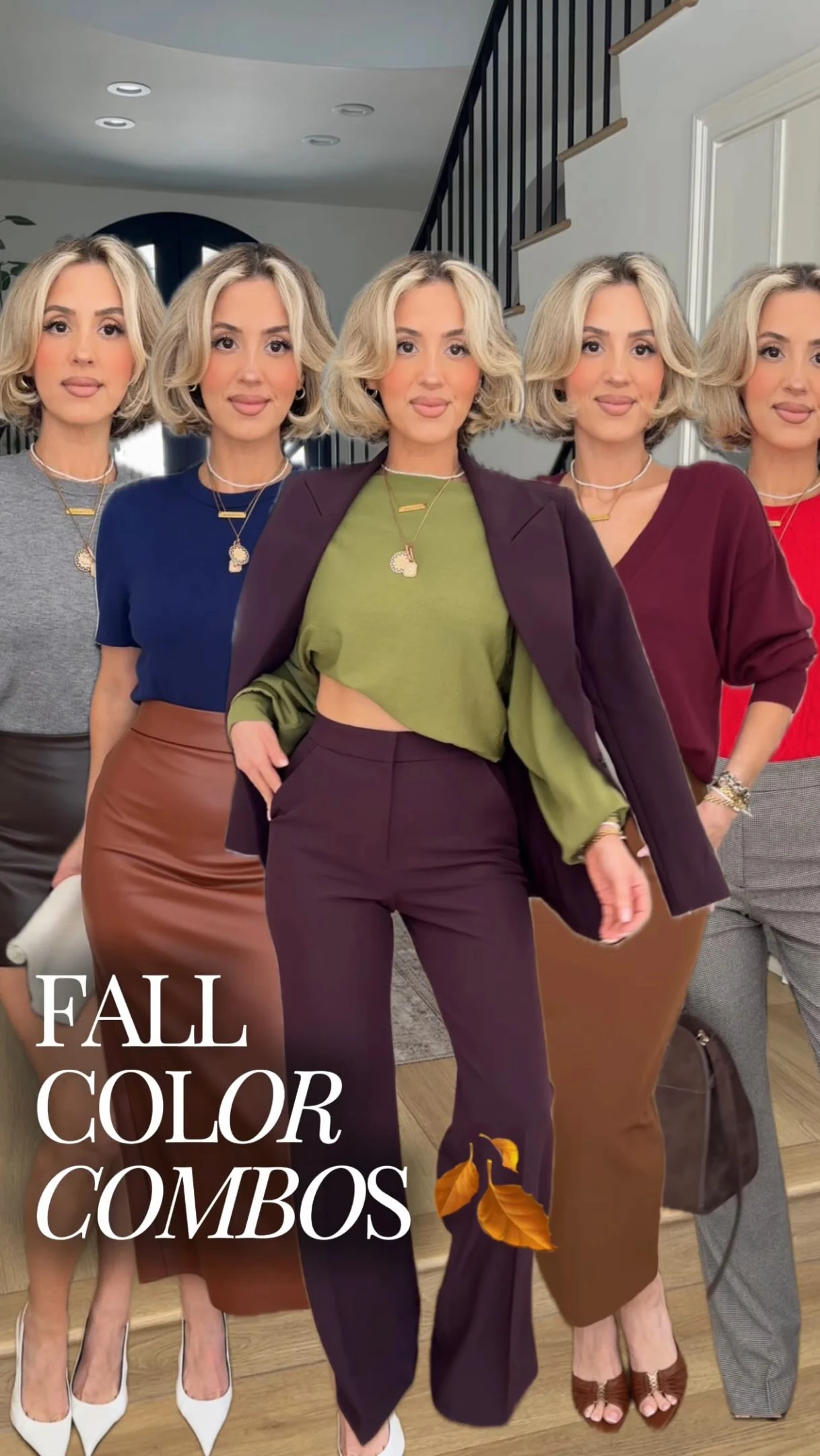 Outfit with an olive cropped sweater, rich plum wide-leg trousers, and black loafers.