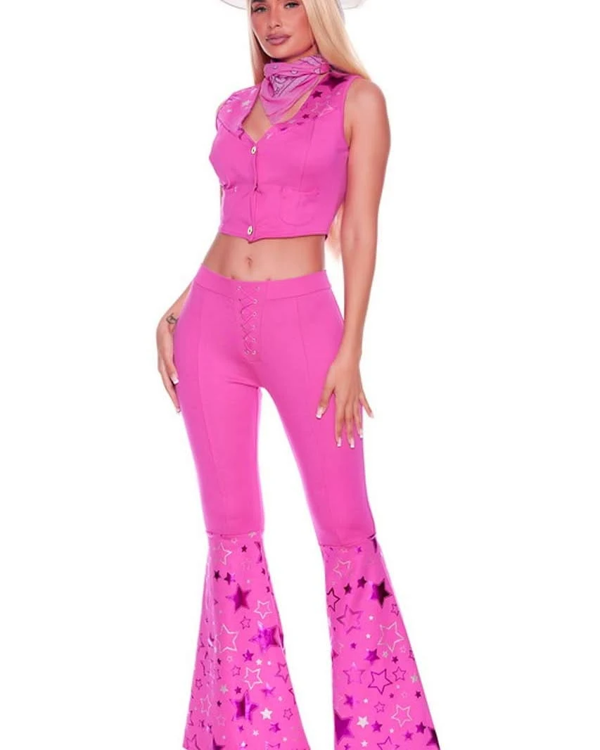Pink sleeveless cropped vest with chest pockets styled as a matching two-piece set.