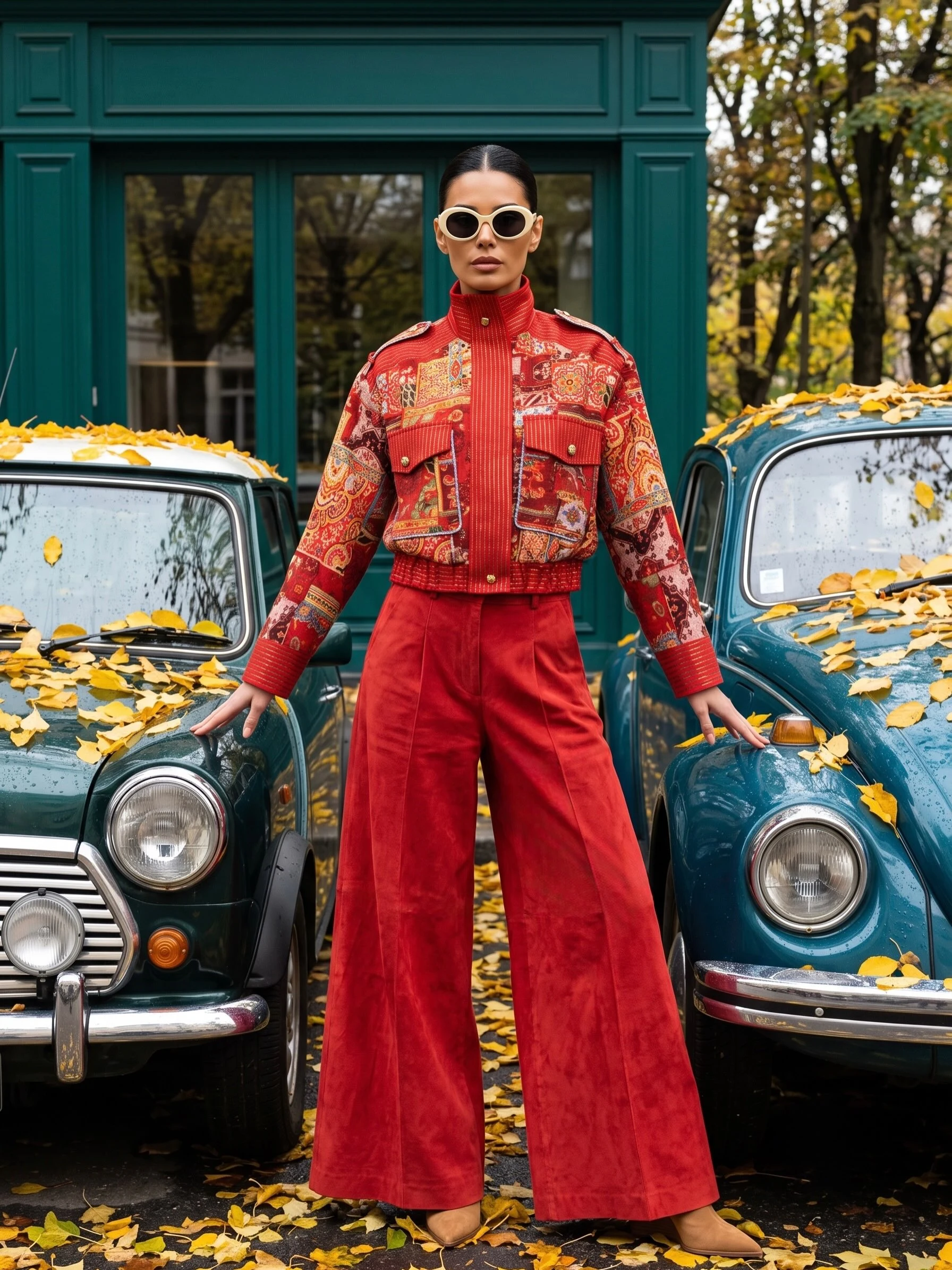 Cropped red patterned jacket with matching wide-leg trousers and white oval sunglasses.