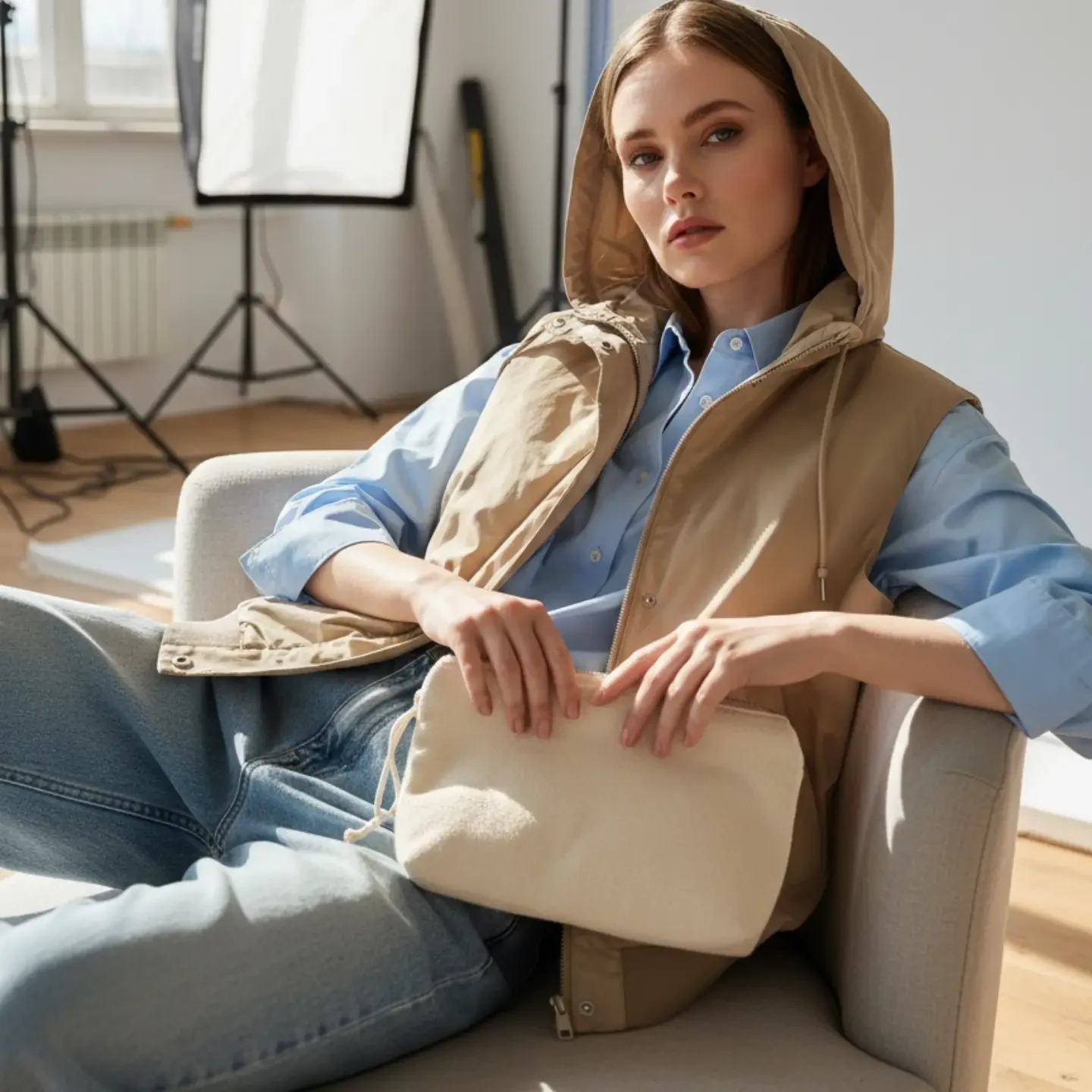 Person in a light blue button-up shirt layered under a tan hooded vest and blue jeans.