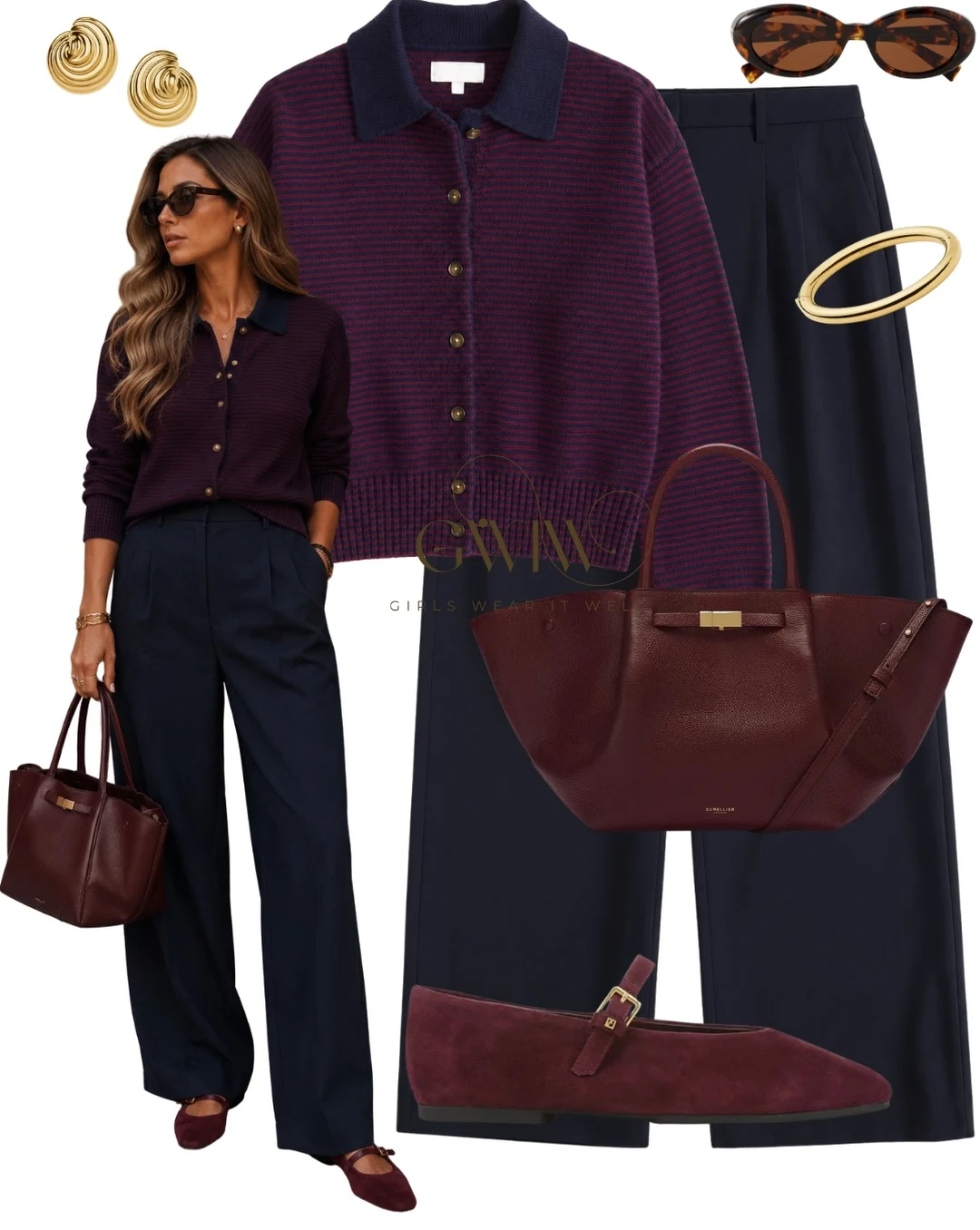 Cream cardigan with black trim, wide leg trousers, flats, woven bag