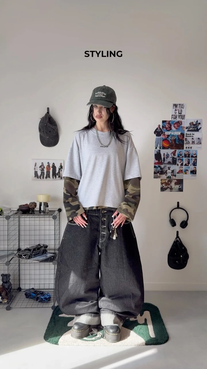 Extremely oversized baggy denim pants, black fitted top