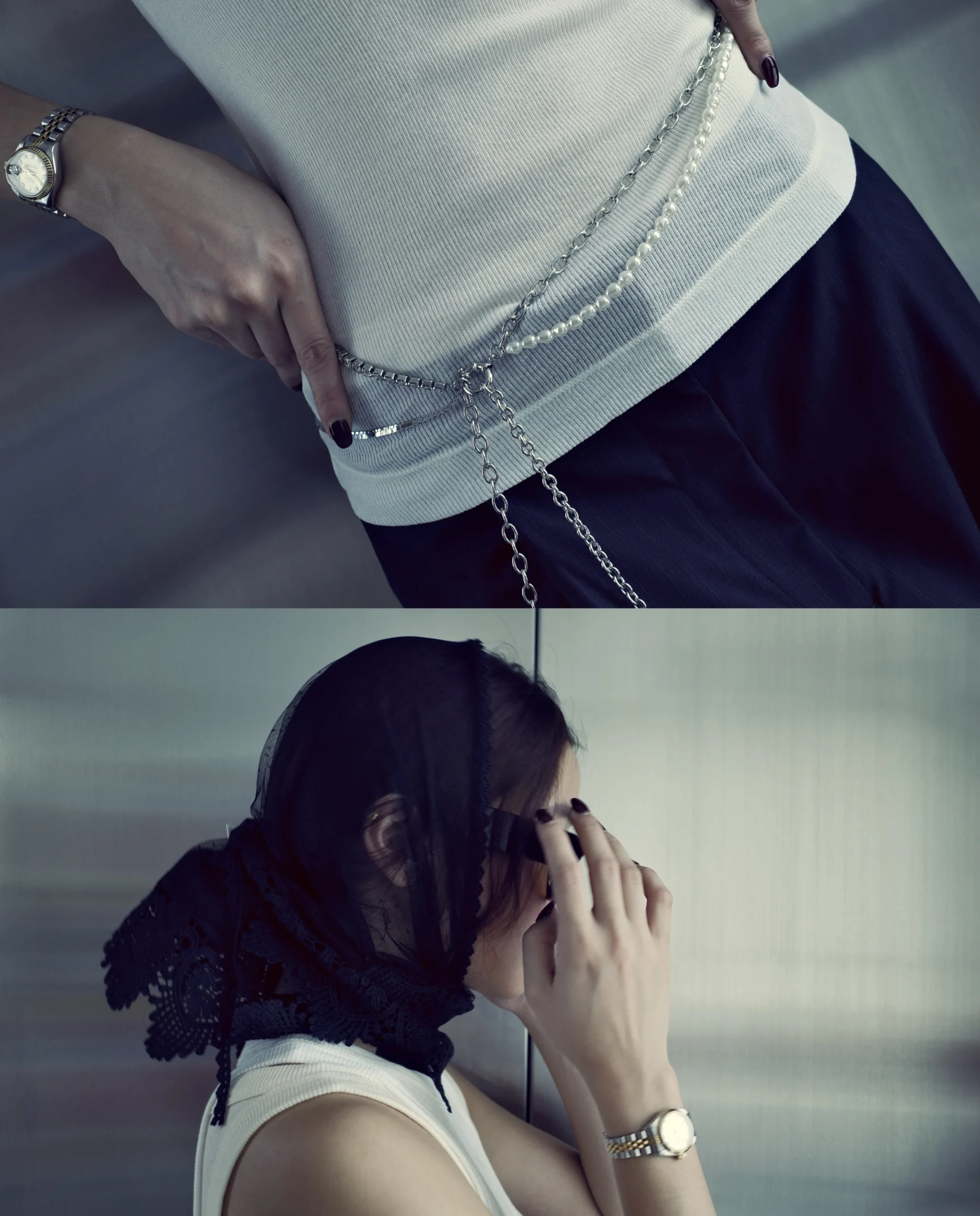 A white ribbed sleeveless top is paired with dark bottoms. A black lace scarf covers the head and drapes around the neck, with scalloped, floral-patterned edges. A layered silver chain belt with pearl-like strands sits at the waist. A two-tone metal watch is visible on the wrist.