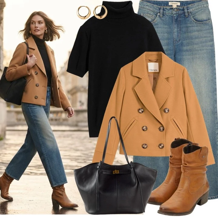 Woman in a camel double-breasted peacoat, black turtleneck, straight-leg jeans, and tan ankle boots.