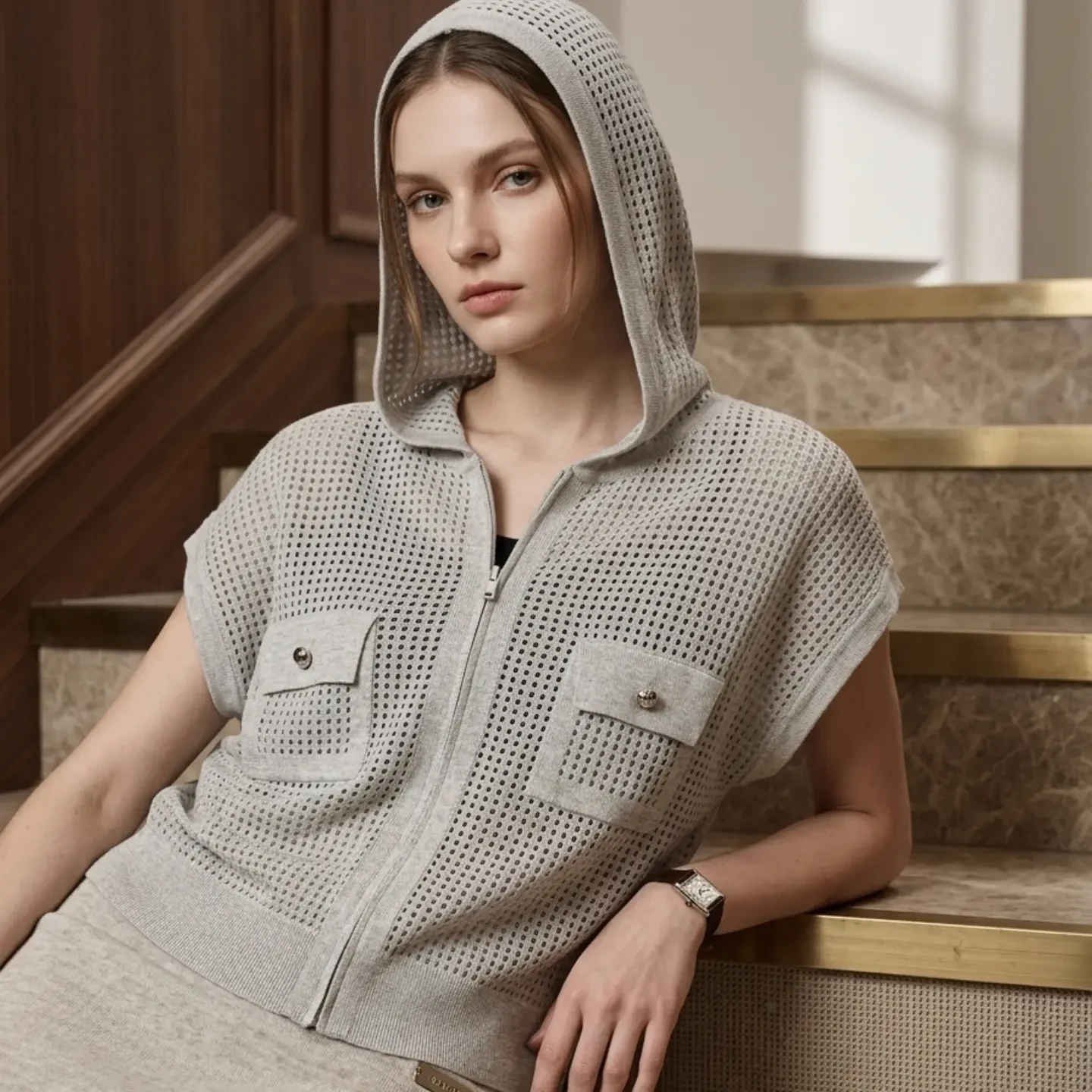 Person wearing a light gray perforated hooded zip top with chest flap pockets and a matching gray bottom.