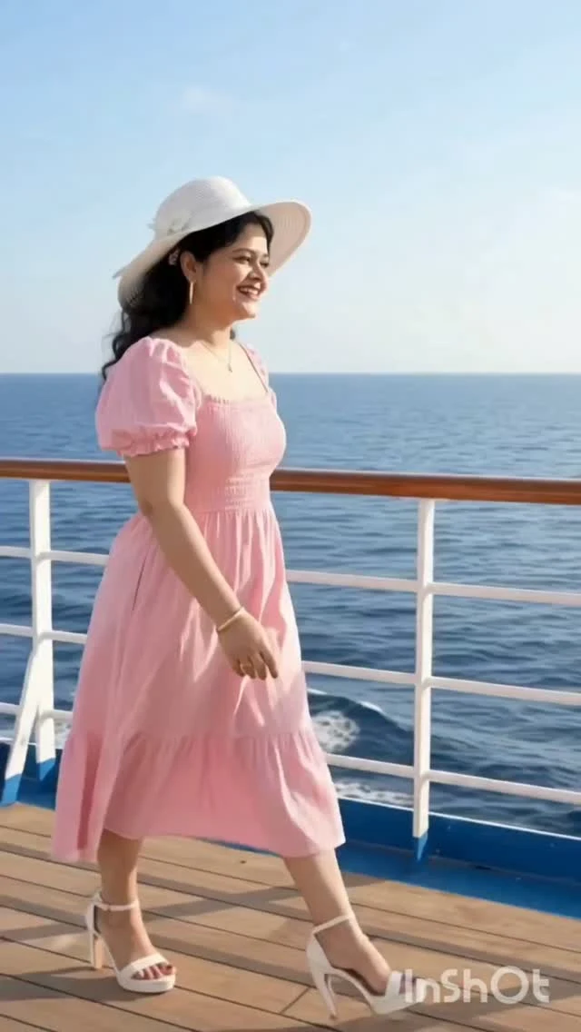 Woman in a light pink puff-sleeve midi dress, white wide-brimmed hat, and white heeled sandals.