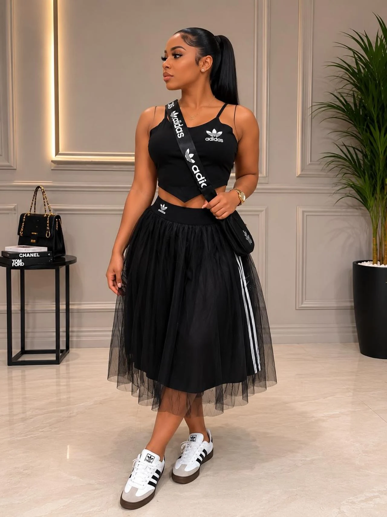 Black Adidas crop tank and tulle midi skirt paired with white Sambas and a crossbody bag.