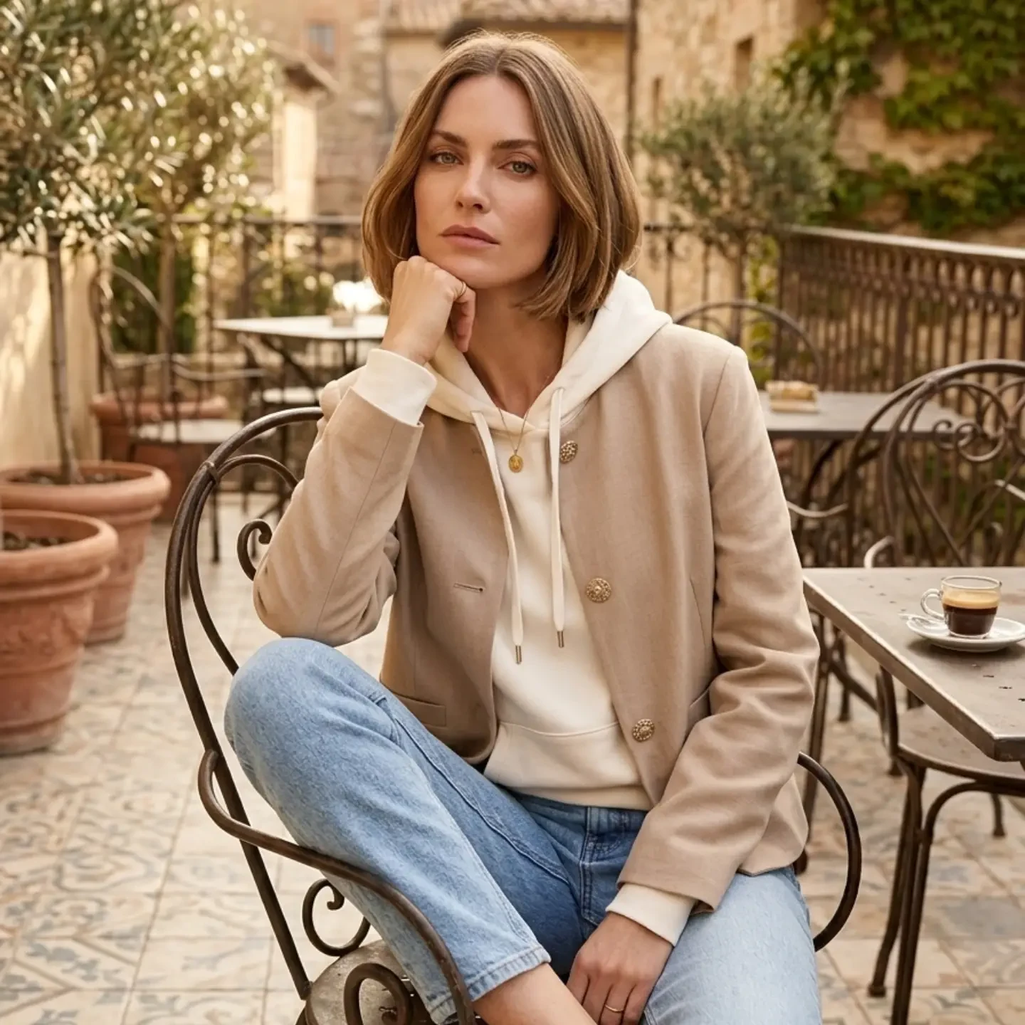 Person wearing a beige button-front jacket over a white hoodie with cuffed light blue relaxed jeans.