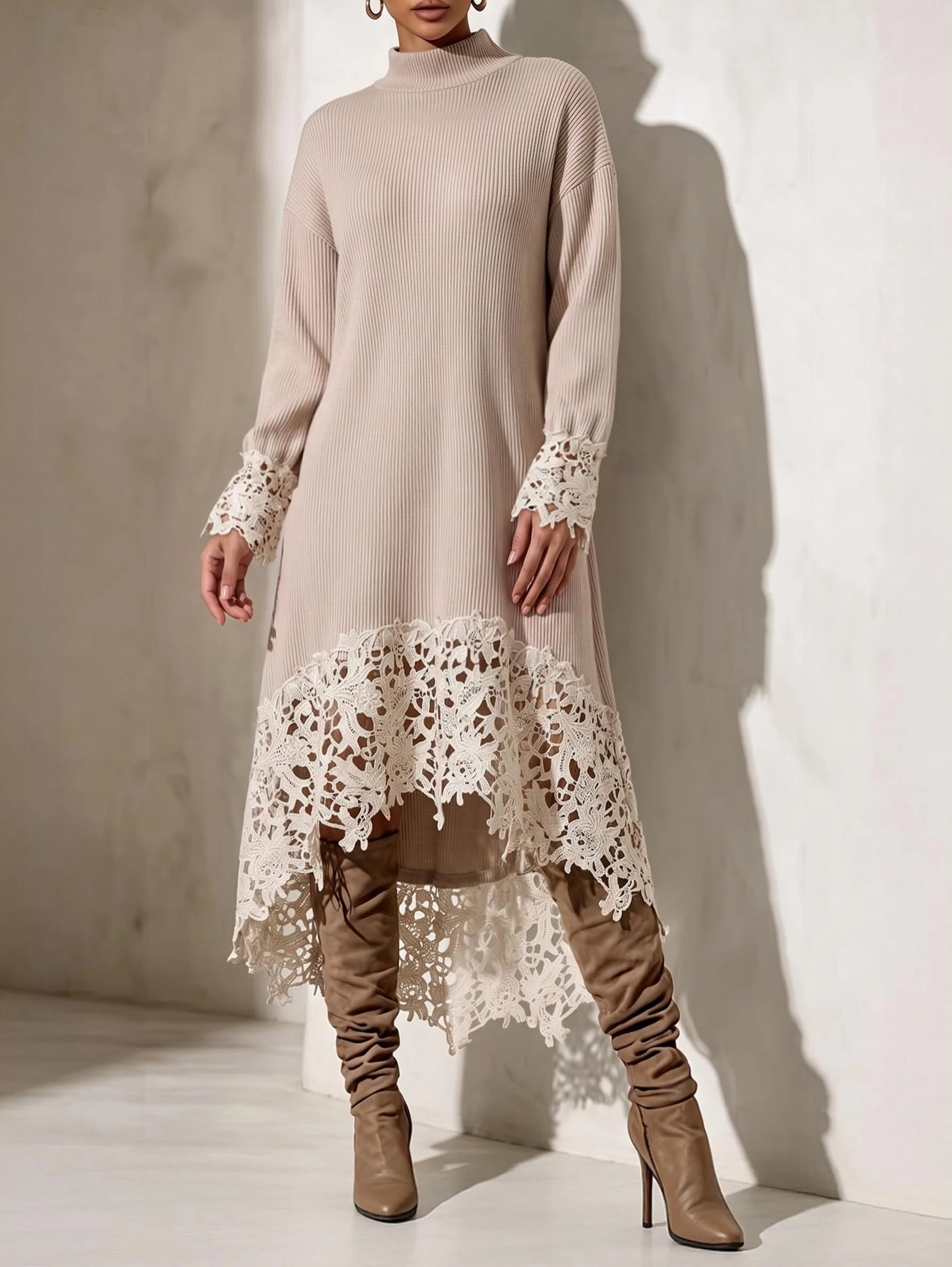Beige ribbed high-neck midi sweater dress with white lace cuffs and hem, paired with black knee-high boots.