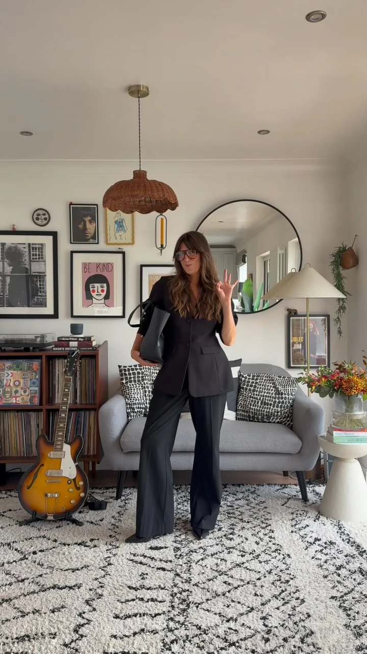black tailored blazer with black wide-leg trousers and white shirt