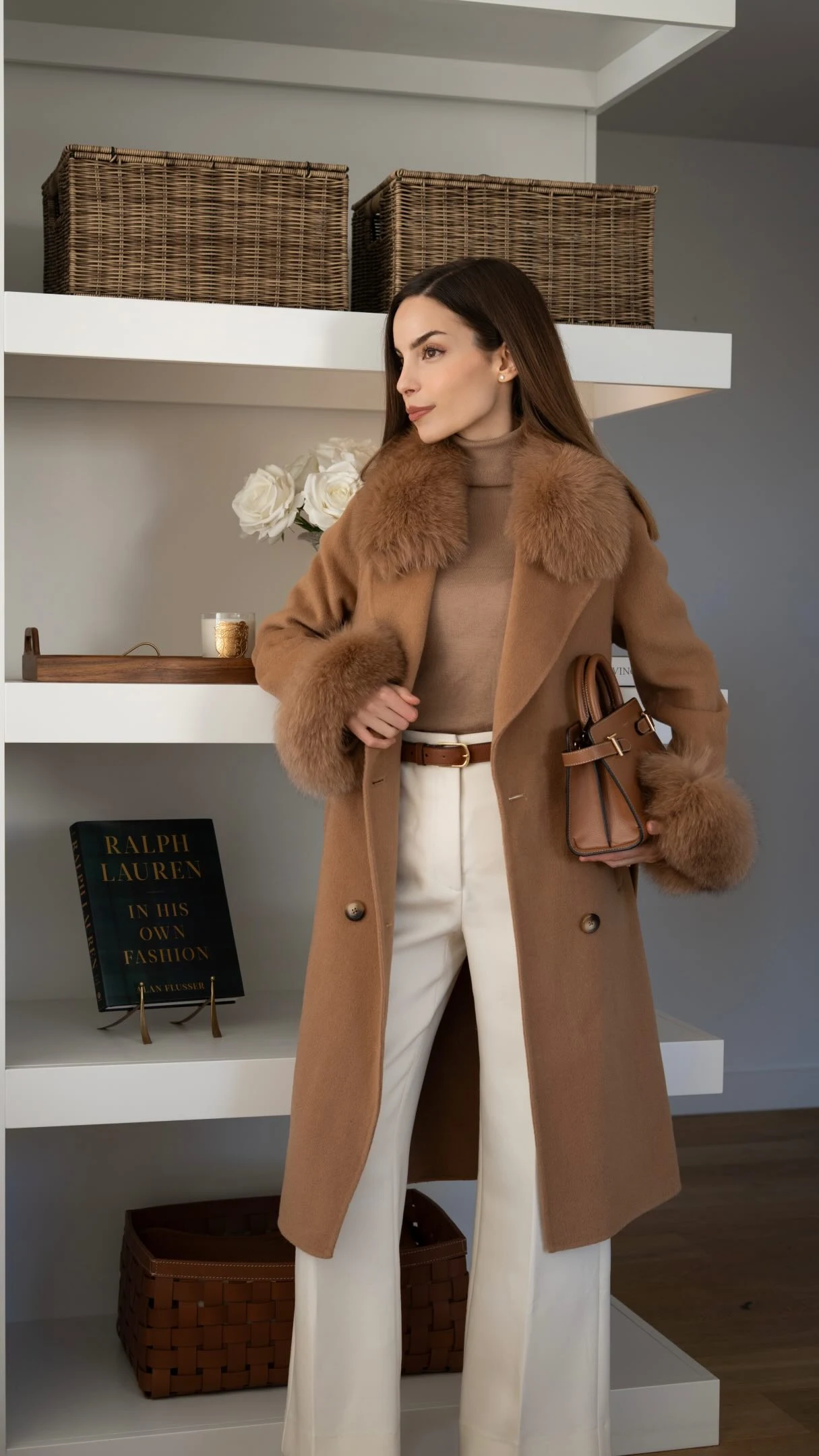Woman wearing a camel fur-collar coat, cream trousers, brown heels, and a structured brown handbag.