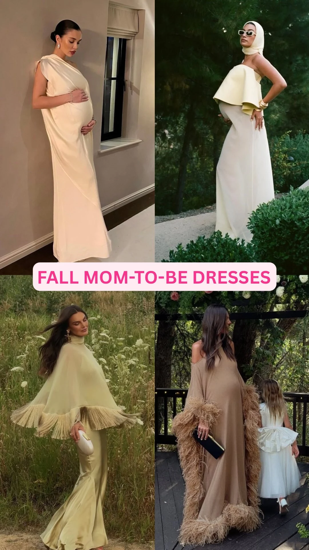 Four pregnant women wearing long flowing gowns in cream, pale yellow, and beige with varied necklines and trim details.