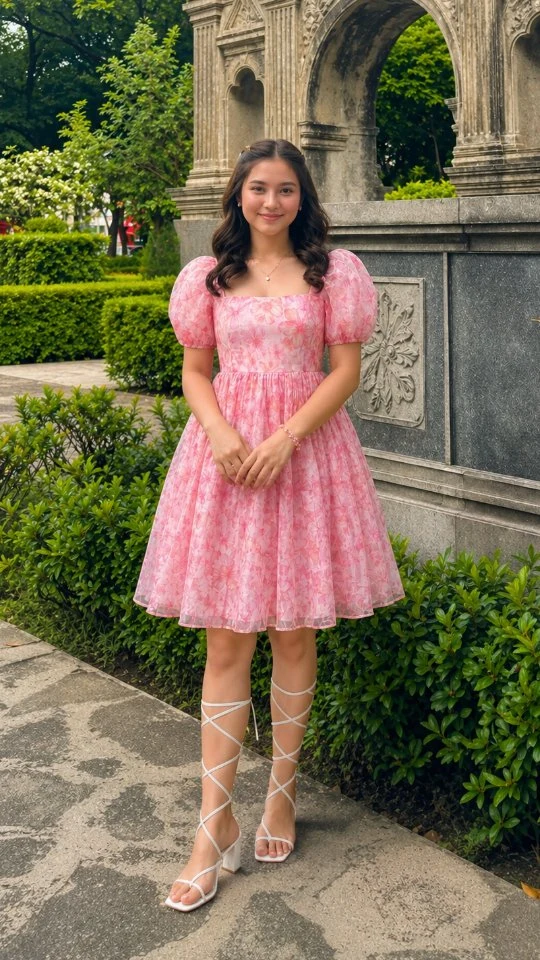 pink floral midi dress with puff sleeves and square neckline, white strappy block heels with ankle ties