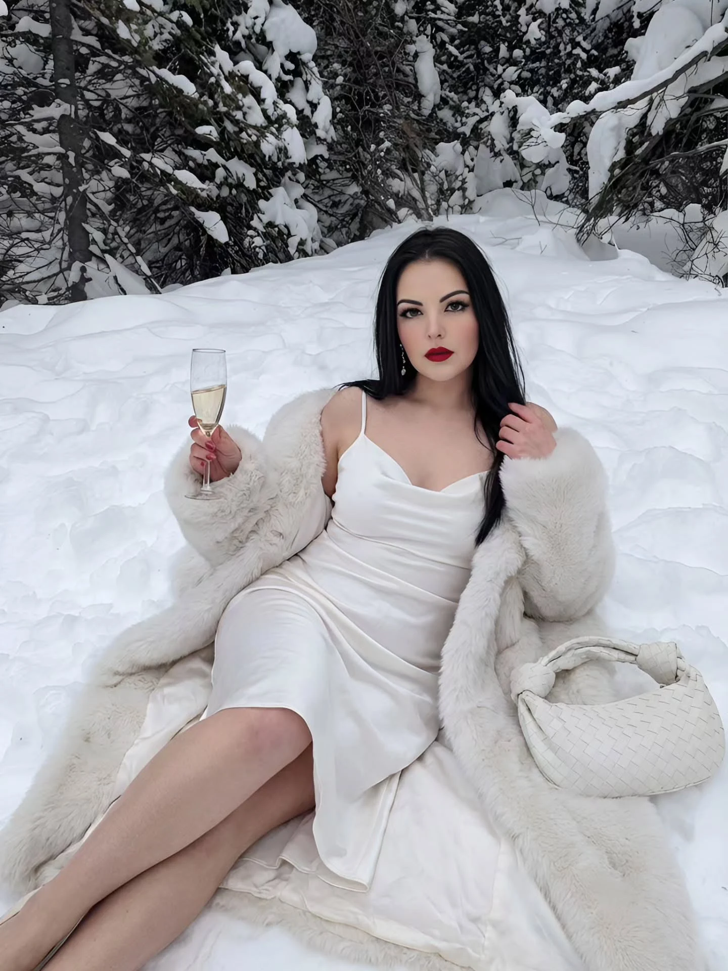 White satin cowl-neck slip dress under an open white faux fur coat with a woven hobo bag.