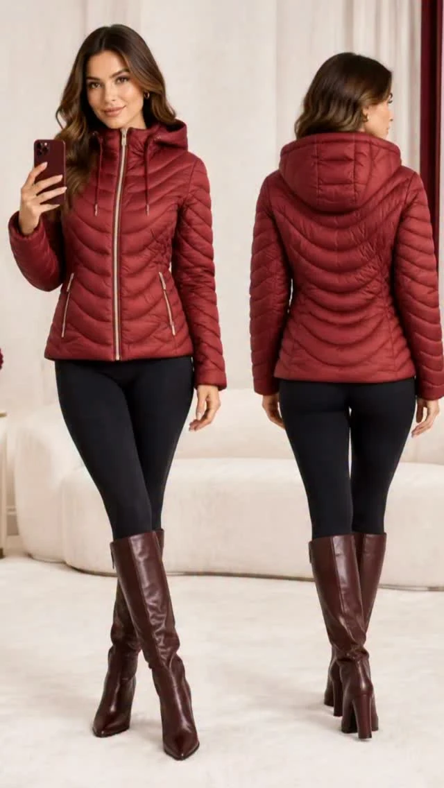 Front and back view of a burgundy quilted hooded jacket styled with slim black pants and tall burgundy boots.