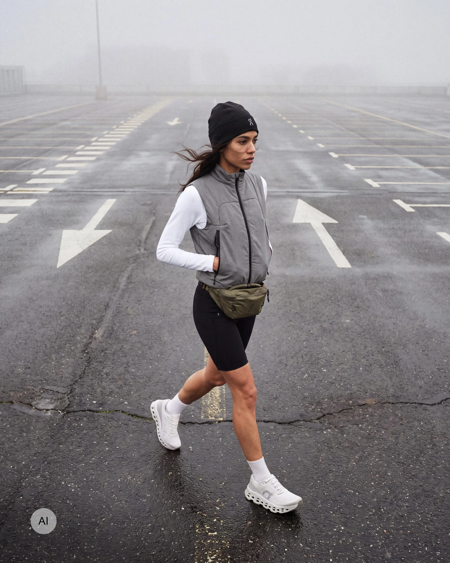 Gray zip vest over white long-sleeve, black shorts, beanie, olive waist bag, and white sneakers.