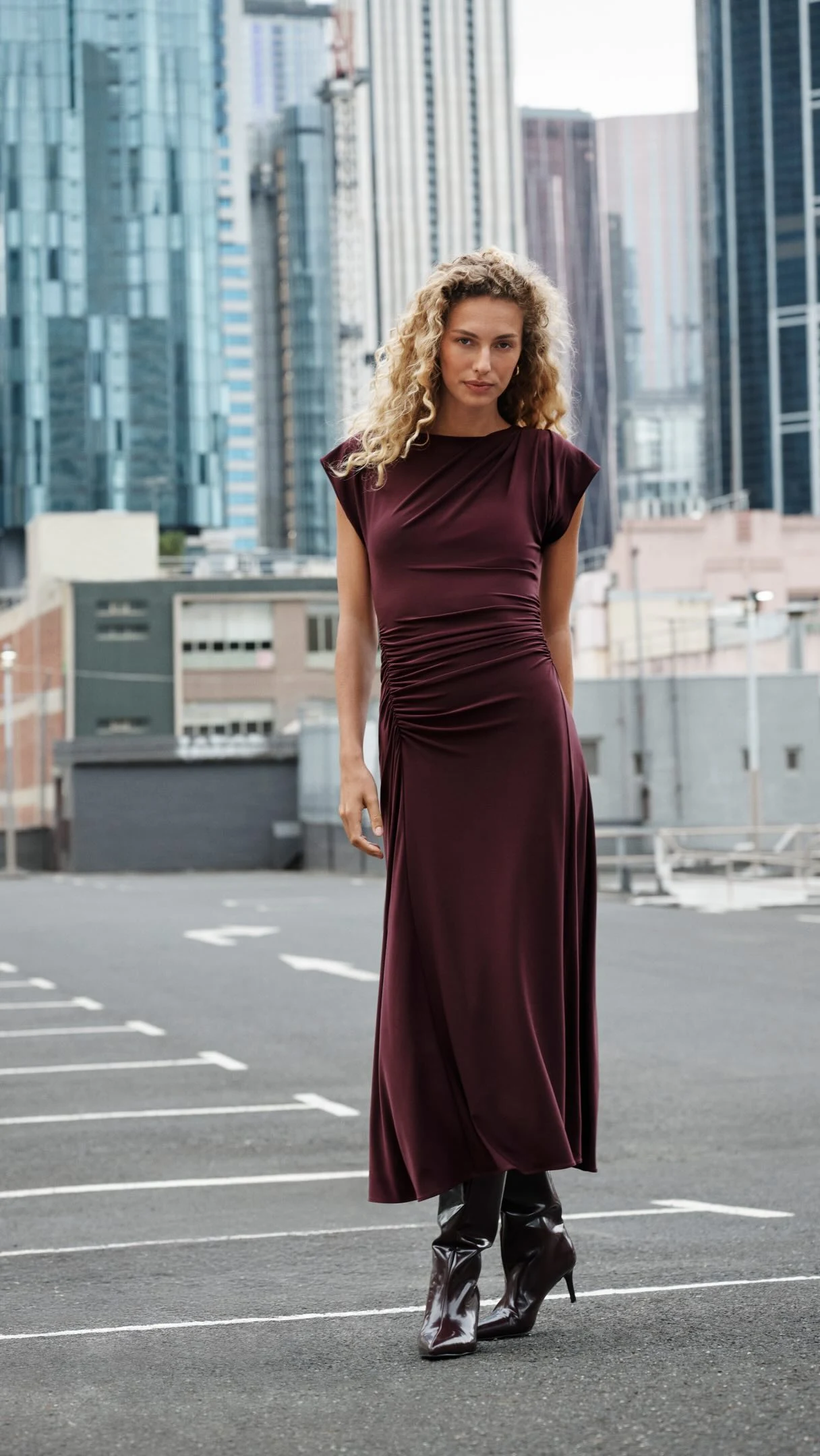 Rich plum jersey t-shirt midi dress with ruched side detail, knee-high brown boots