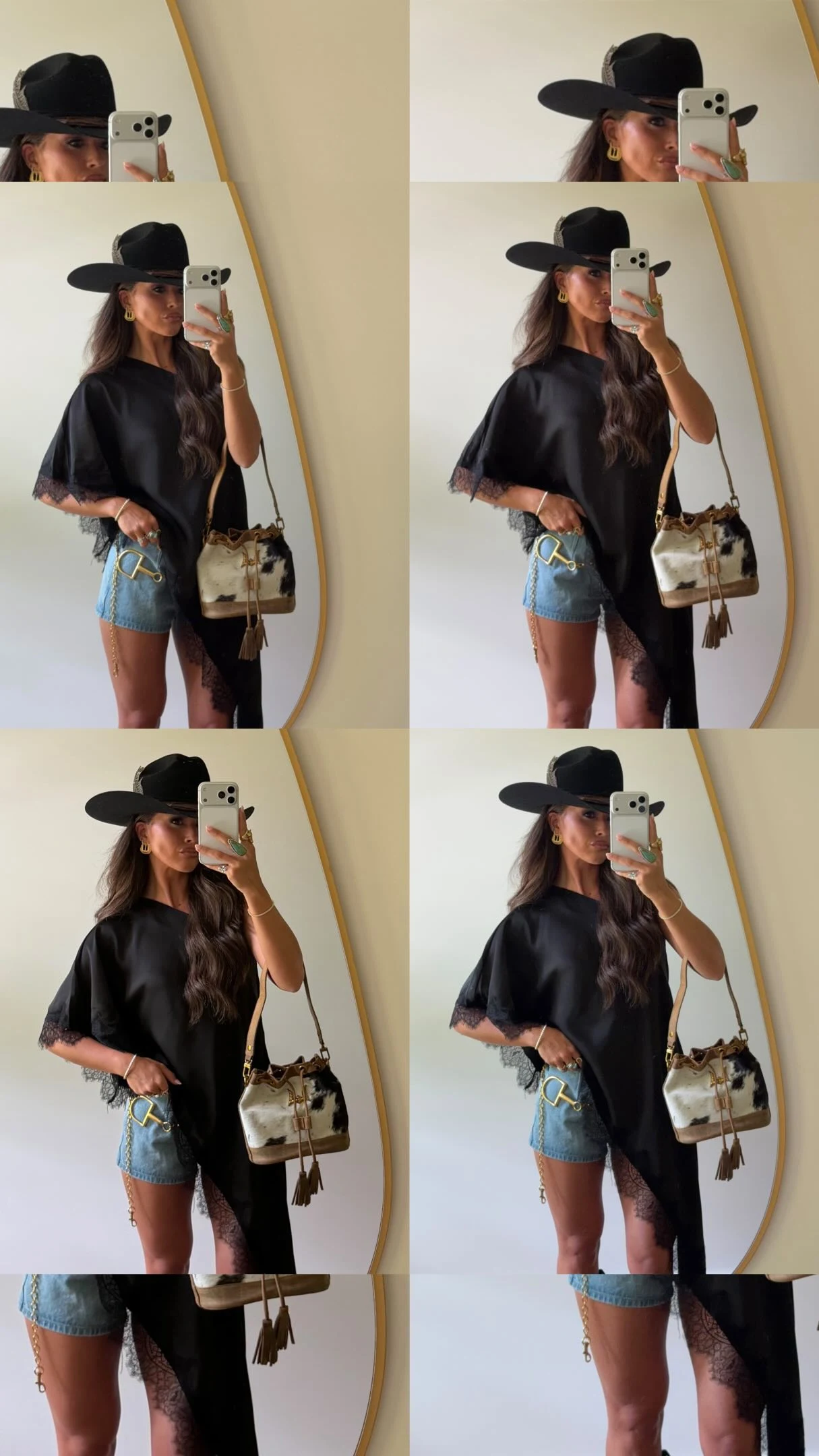White crop tank, light denim shorts, black one-shoulder satin top with lace edges, black cowboy boots, black cowboy hat, gold chain belt, cowhide handbag