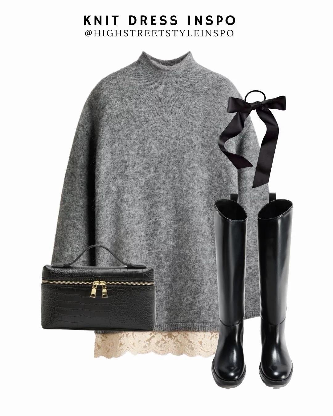 Oversized gray turtleneck knit dress over cream lace slip paired with black knee-high riding boots.