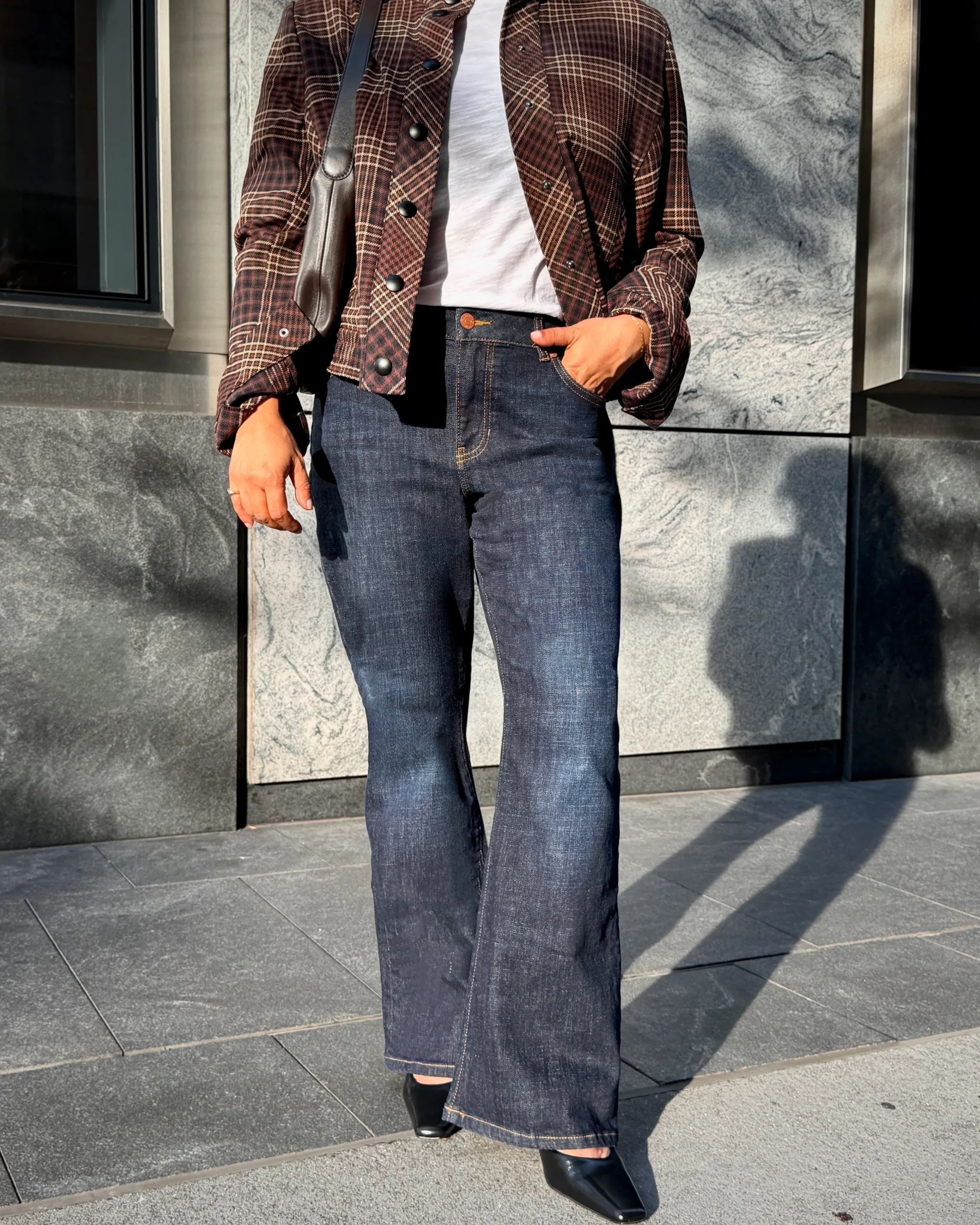 Brown and dark red plaid shirt over dark blue straight-leg jeans with black pointed-toe shoes.