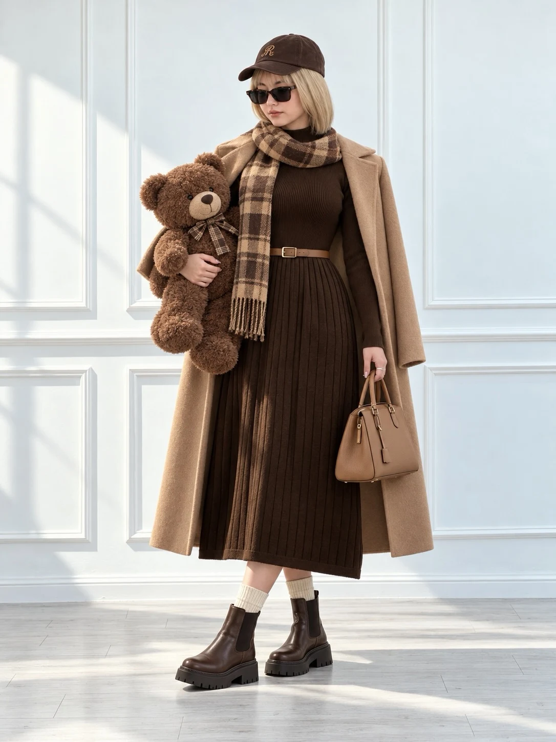 Dark brown pleated midi dress with camel coat, plaid scarf, brown cap, and ankle boots.
