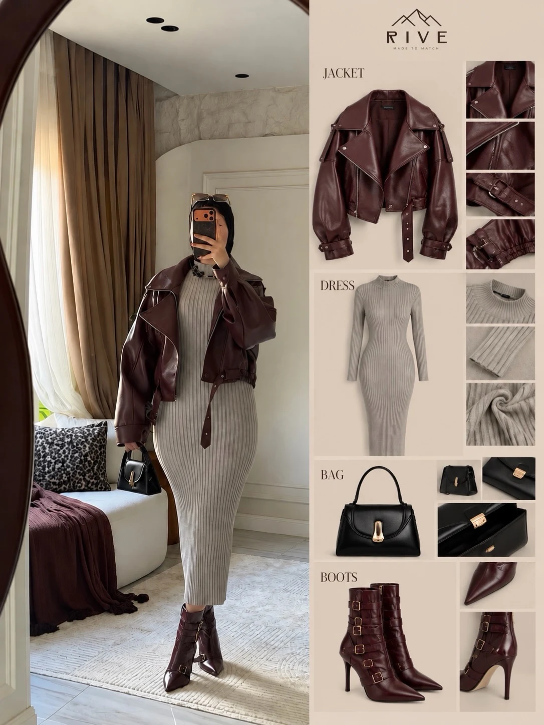 Burgundy leather moto jacket over a gray ribbed midi dress with matching burgundy heeled ankle boots and black bag.