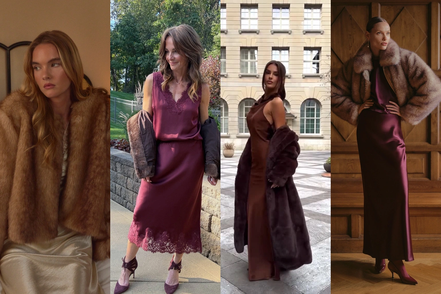 18 Satin Slip Dress and Faux Fur Jacket Outfit Ideas featured outfit collage