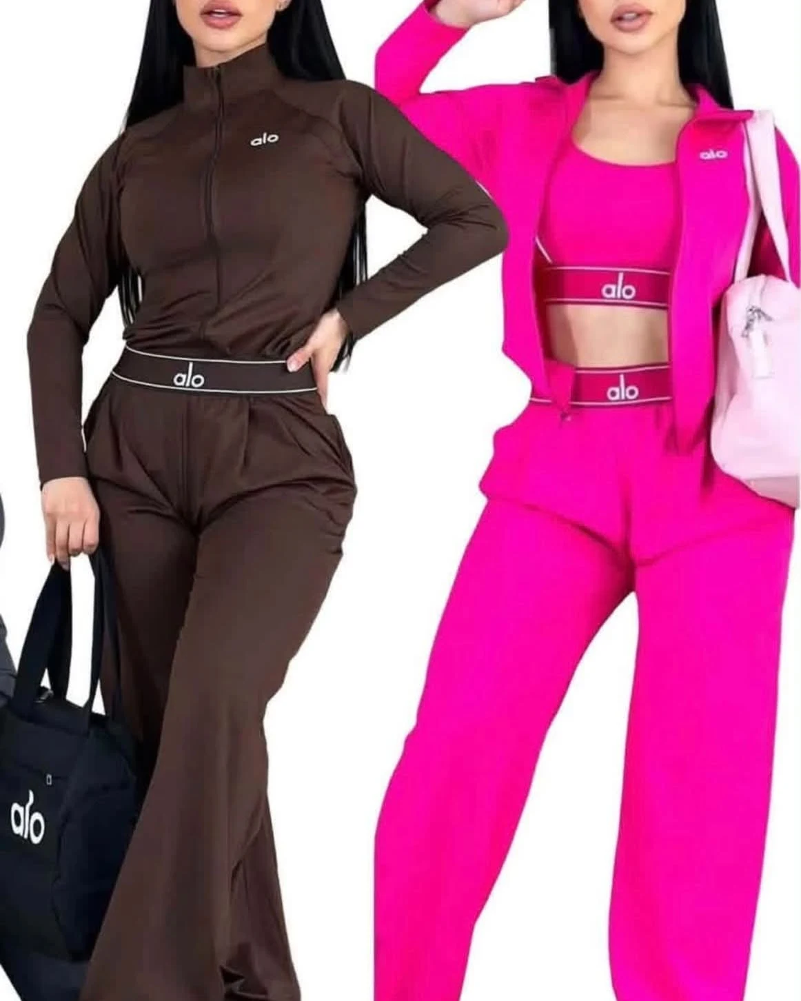 Two fitted workout outfits in brown and vivid pink with flared pants and coordinating bags.