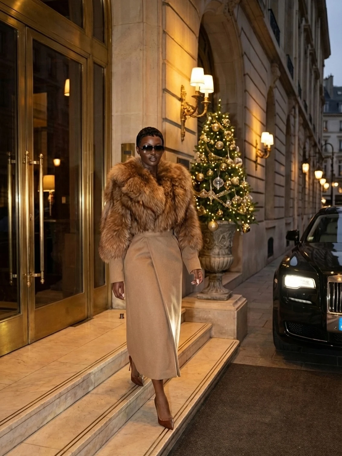 Voluminous brown fur jacket with plush collar paired with a long fitted tan skirt and brown pointed-toe heels.