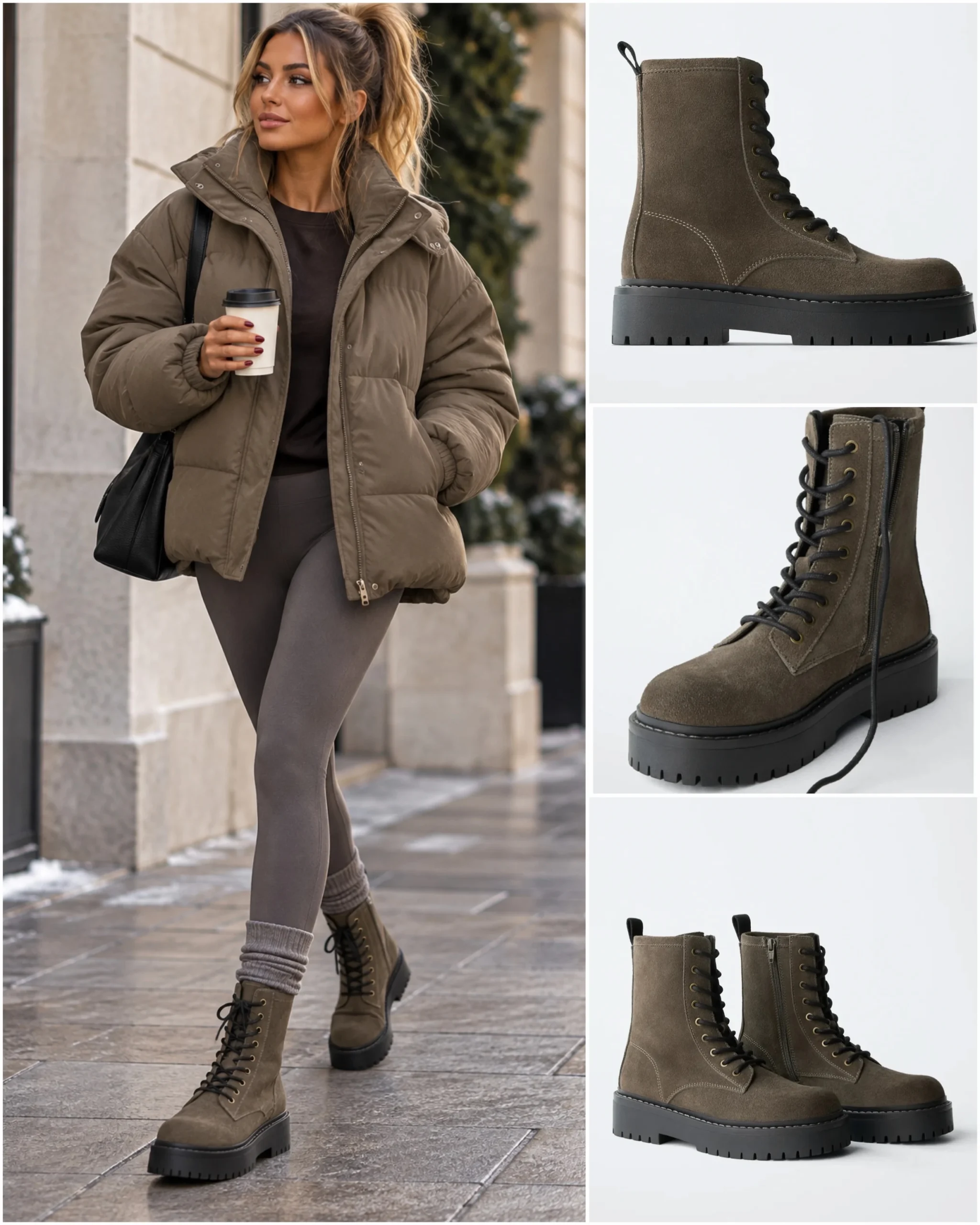 Olive puffer vest and black leggings outfit completed with olive suede lace-up combat ankle boots.