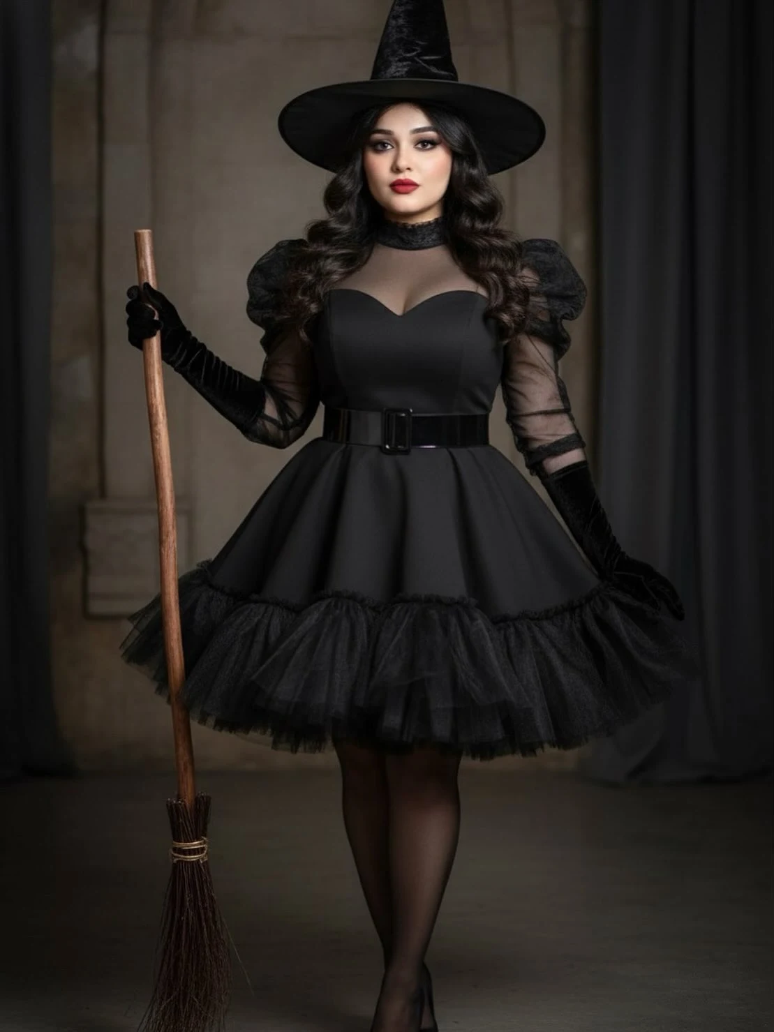 Tall black velvet pointed hat, black dress with sweetheart neckline, sheer mesh chest panels, puff sleeves, wide black belt, ruffled tulle hem, thigh-high stockings, gloves