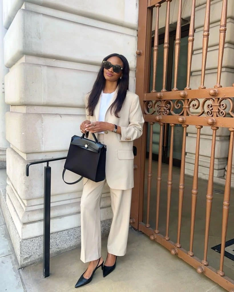 1- Beige Suit with a Crisp White Top