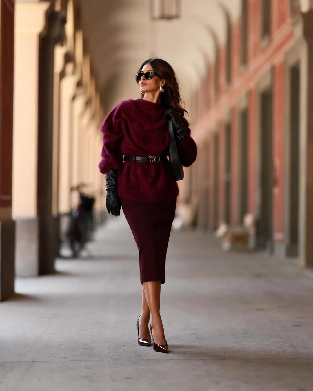 19- Belted Burgundy Sweater and Midi Skirt