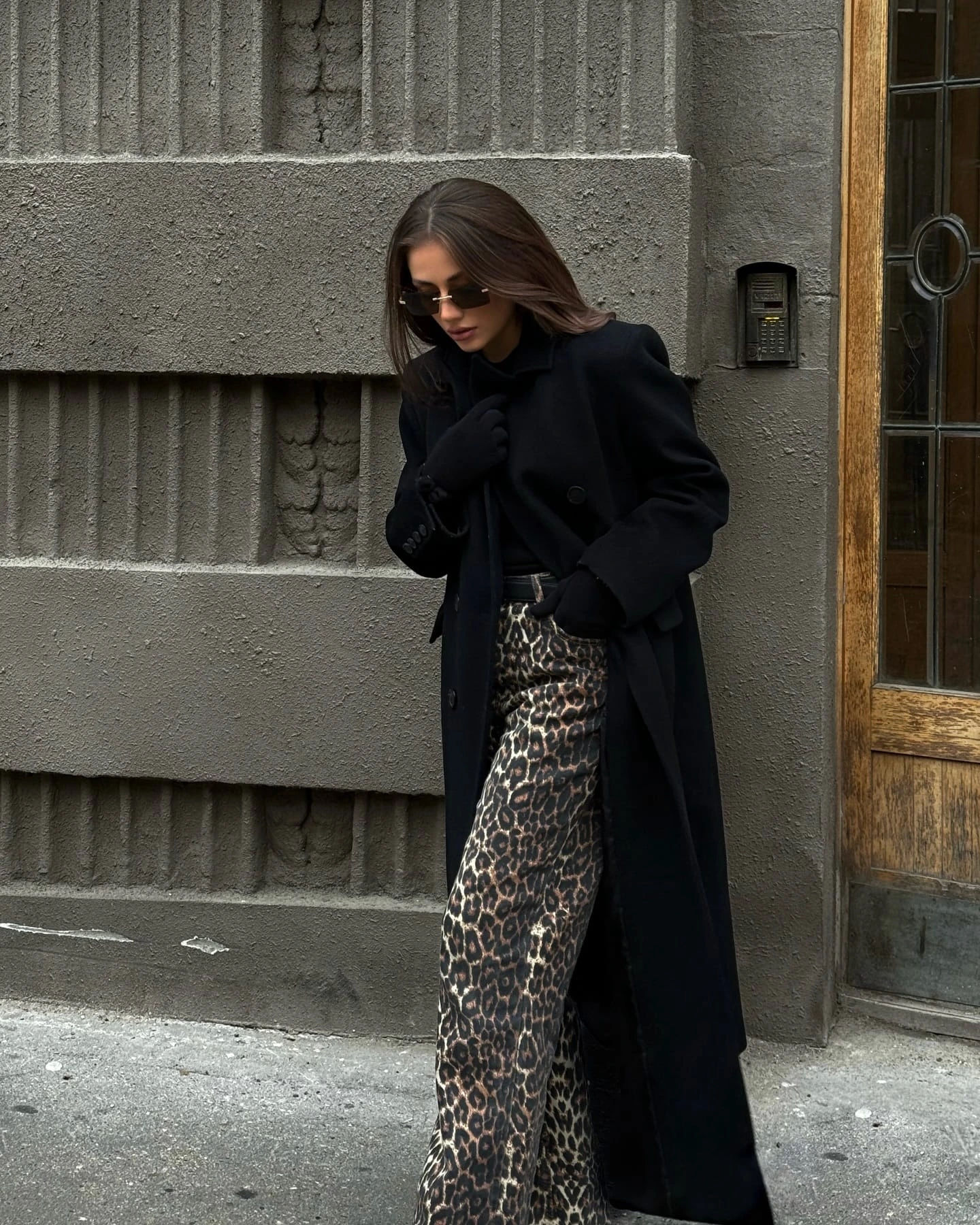 1- Black Coat with Leopard Trousers