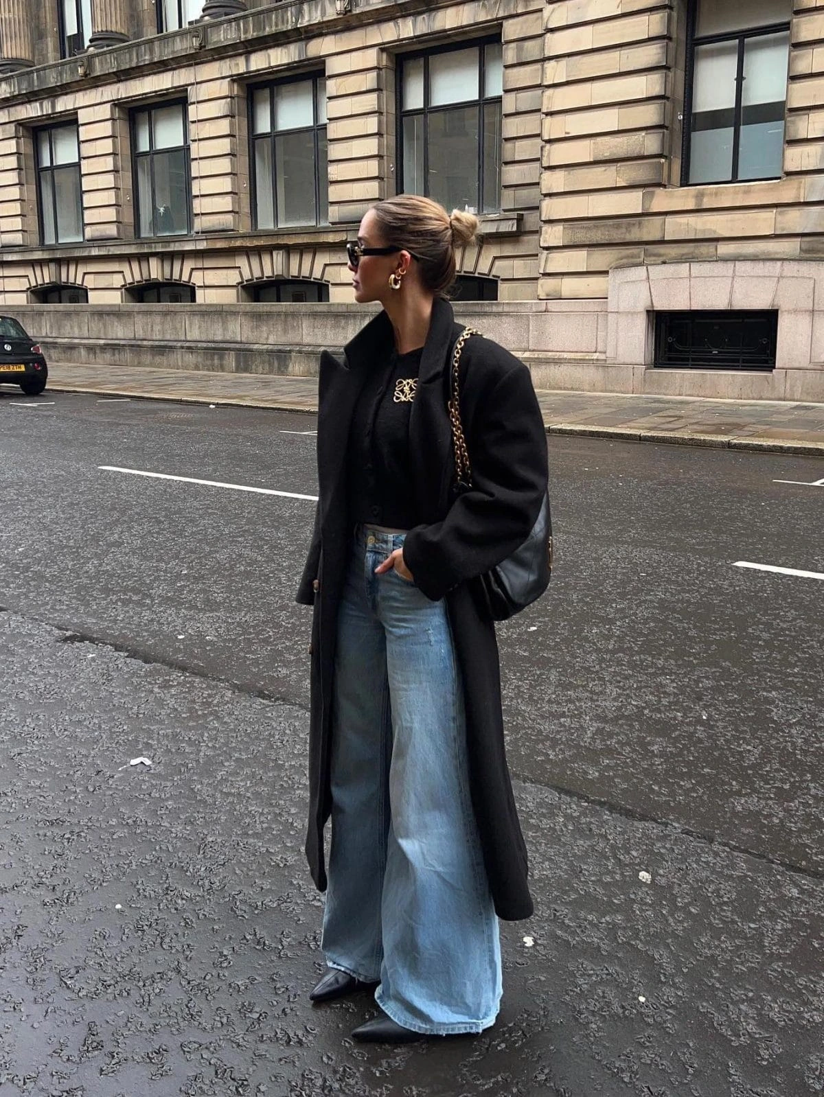 8- Black Duster with Wide-Leg Denim