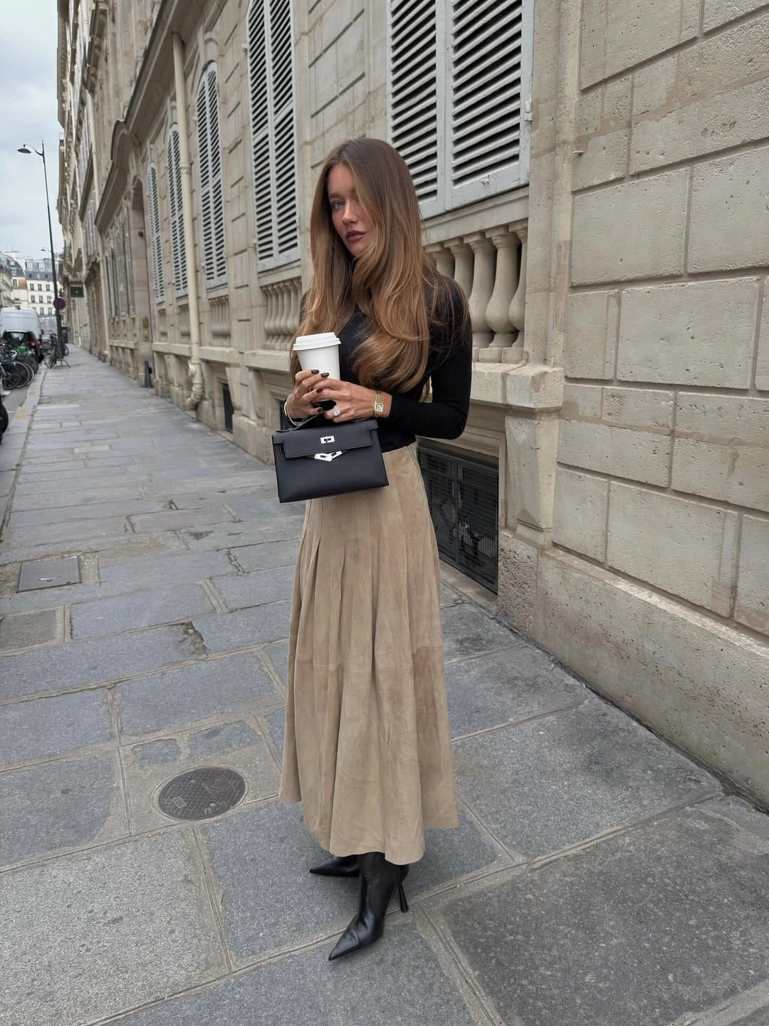 4- Black Knit and Camel Midi Skirt