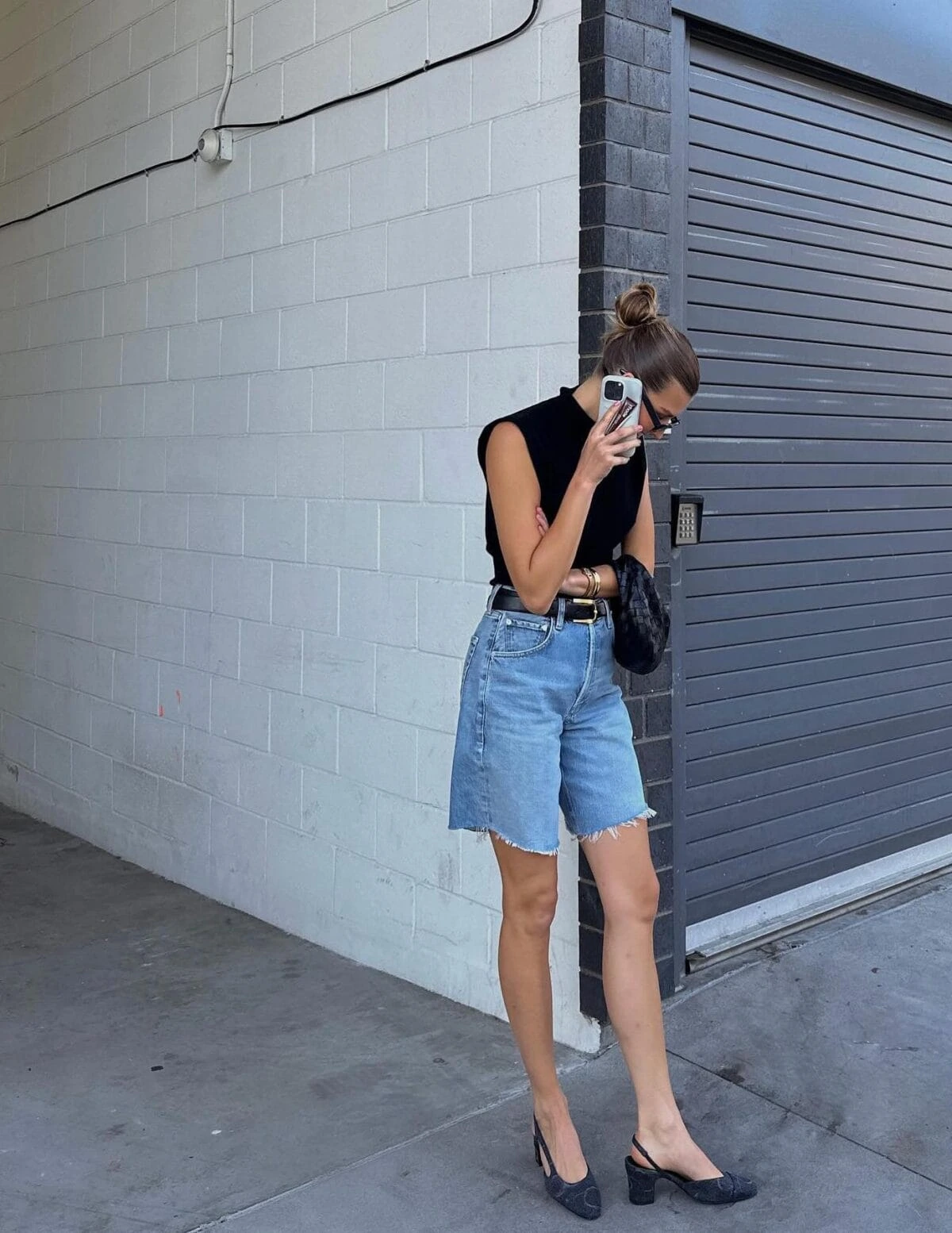 3- Black Knit, Cut-Off Jorts and Denim Slingbacks