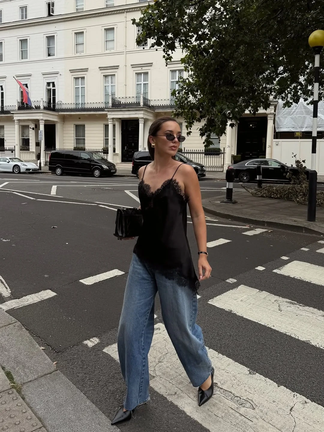 24- Black Lace Cami with Wide-Leg Jeans