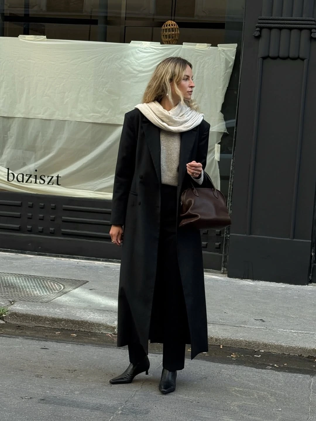 15- Black Overcoat with Cream Scarf