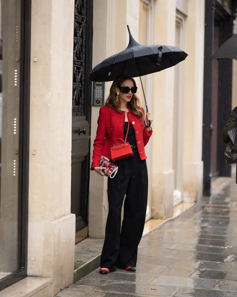 1- Bright Red Jacket, Black Pants