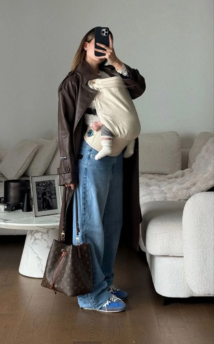 20- Brown Leather Coat and Relaxed Denim