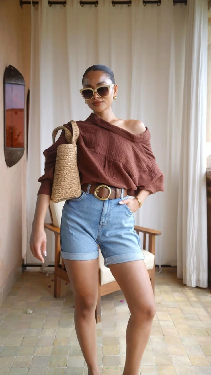 16- Brown One-Shoulder Top and Rolled Jorts