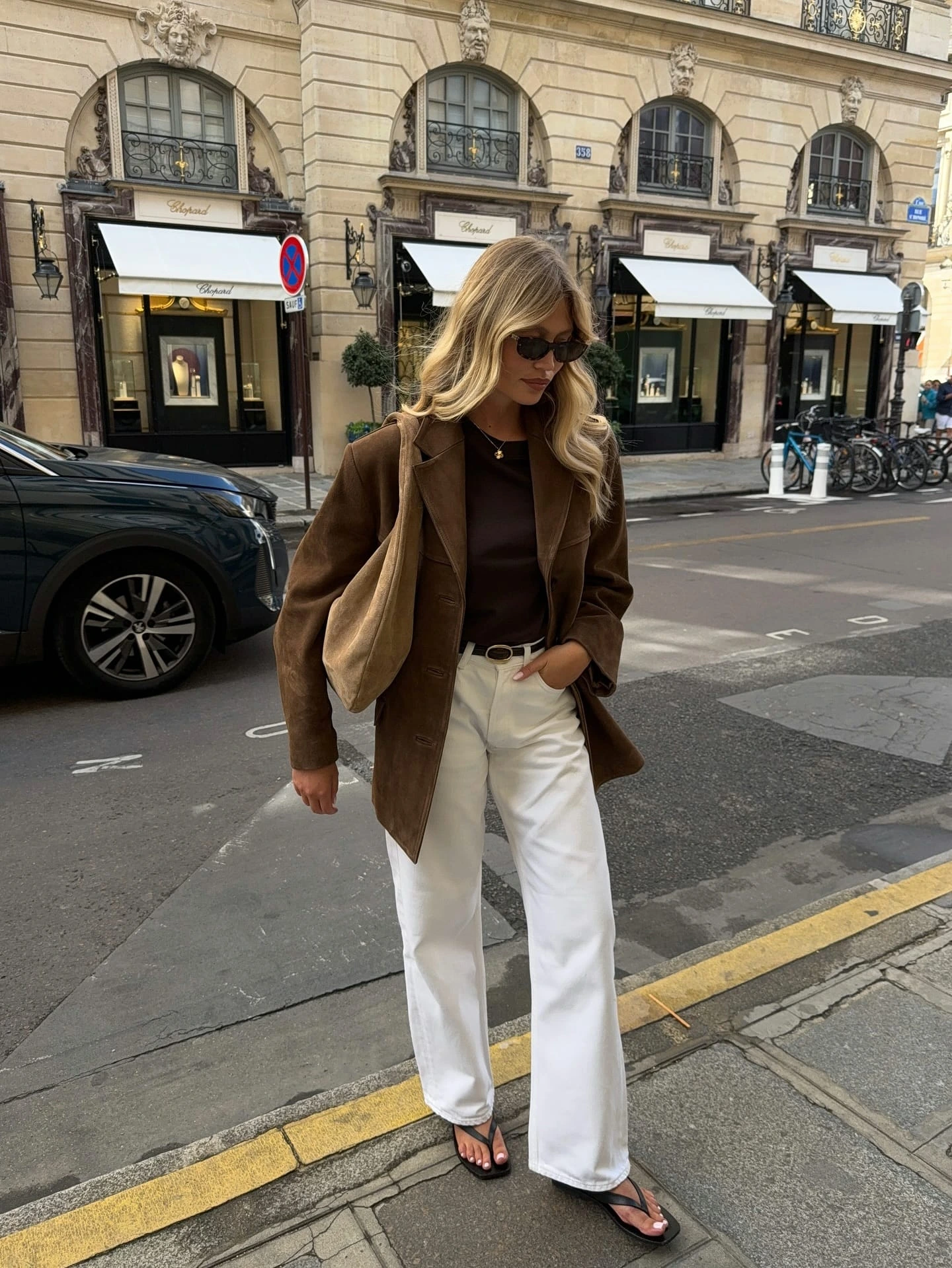 18- Brown Suede Blazer with White Jeans