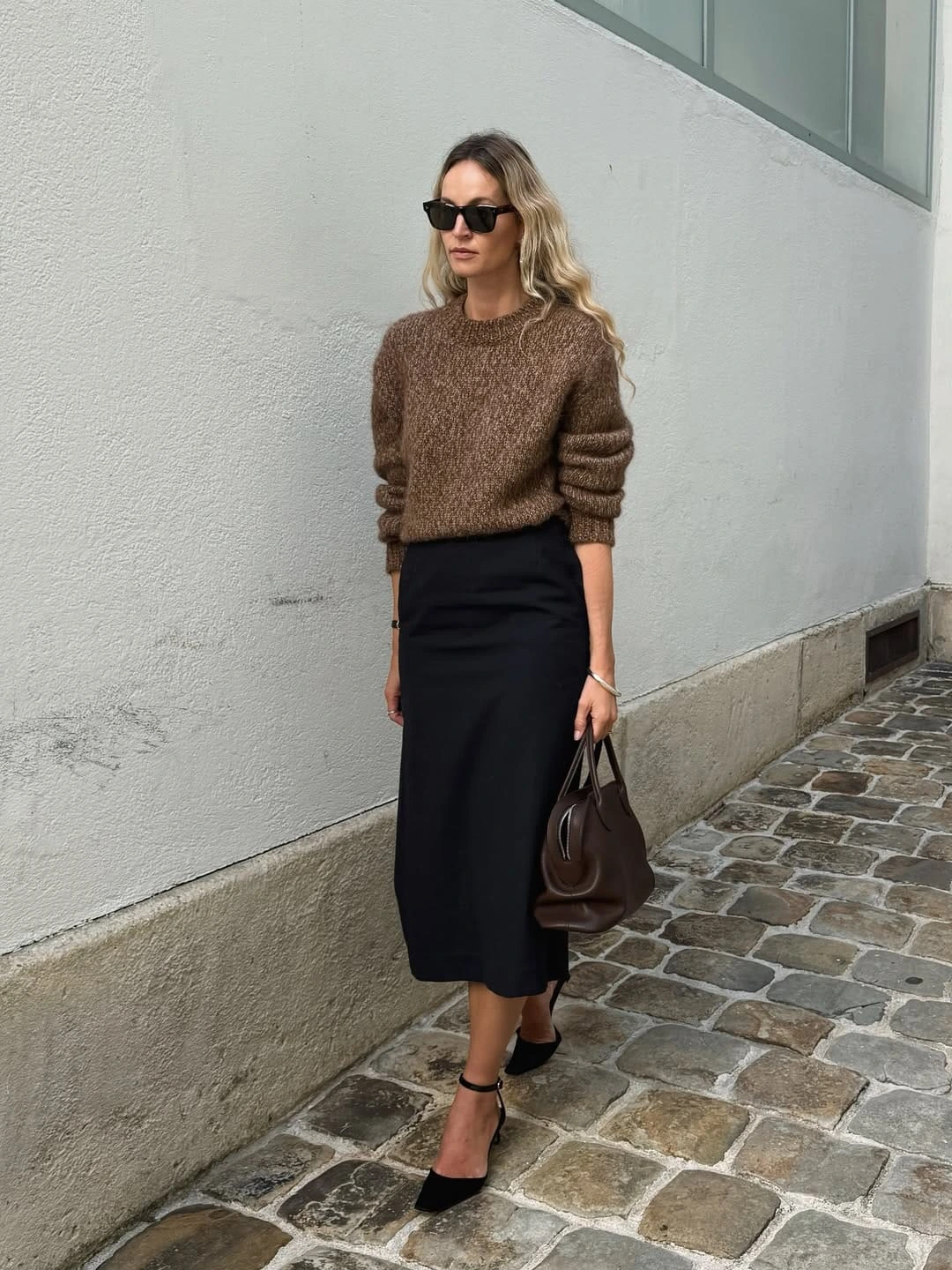 14- Brown Sweater and Black Midi Skirt
