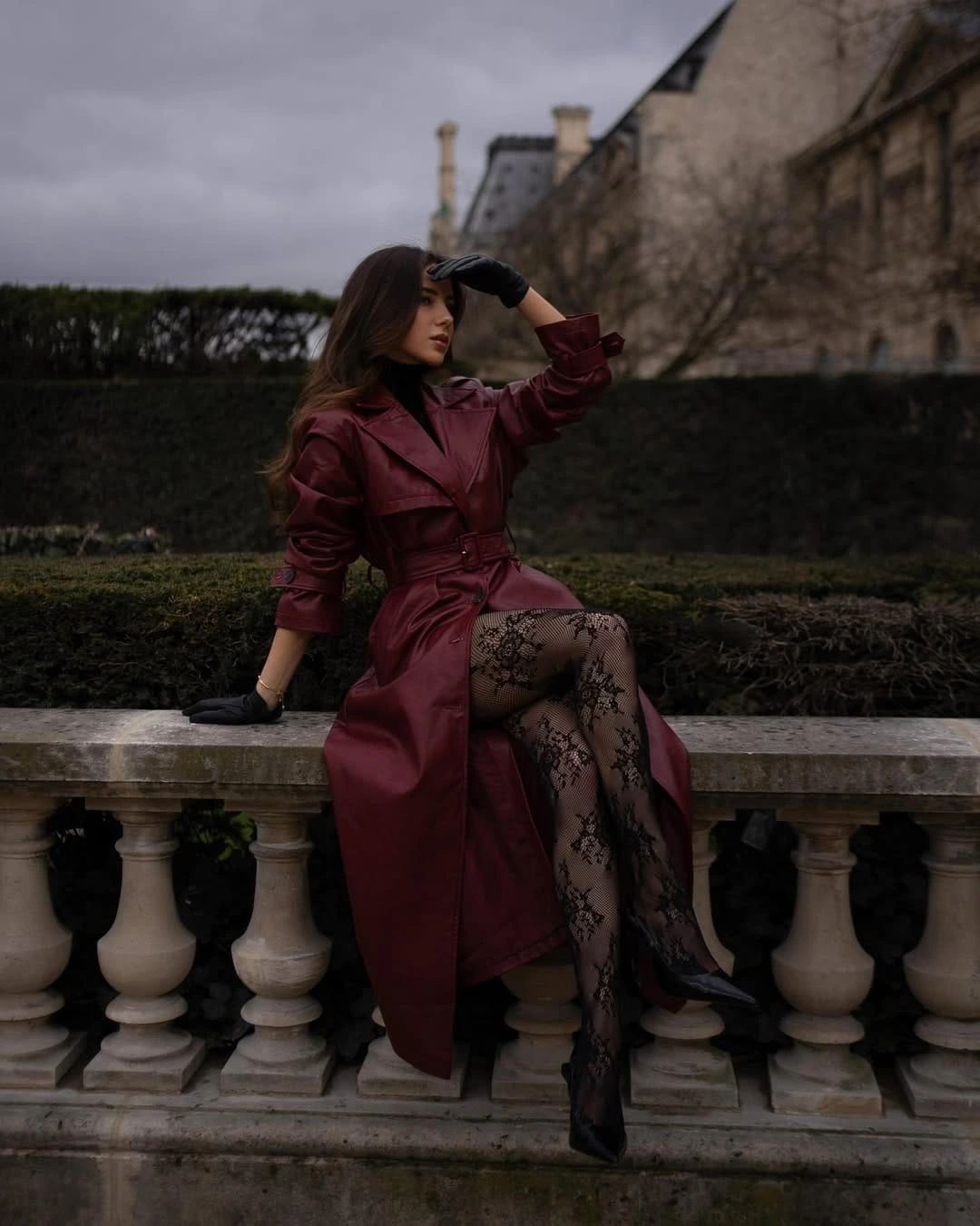 24- Burgundy Trench With Lace Tights