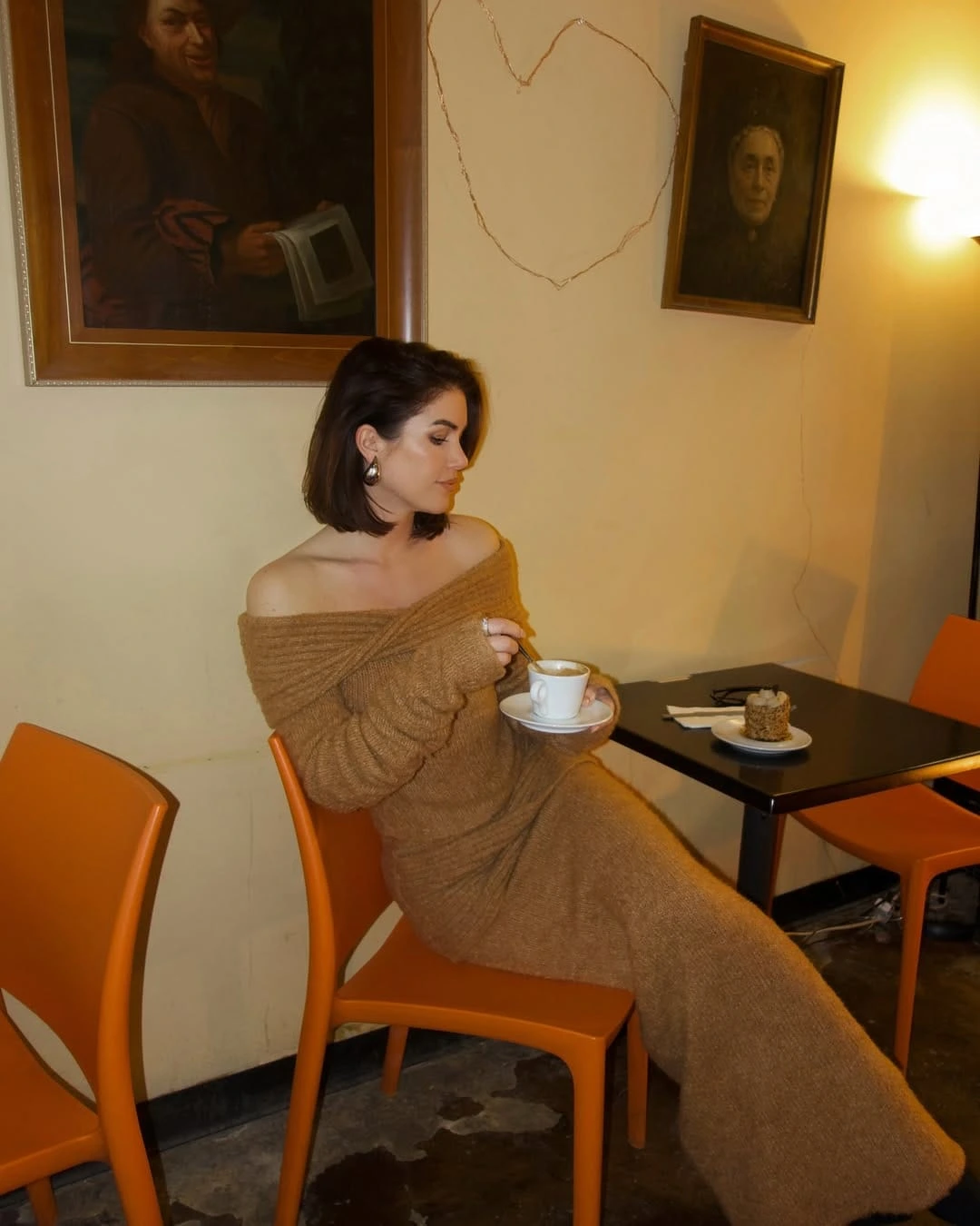 8- Camel Off-Shoulder Sweater Dress