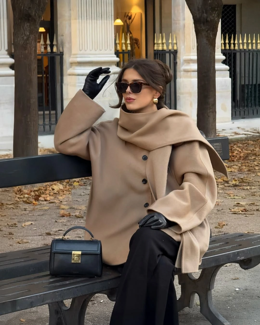 24- Camel Wrap Coat with Black Trousers