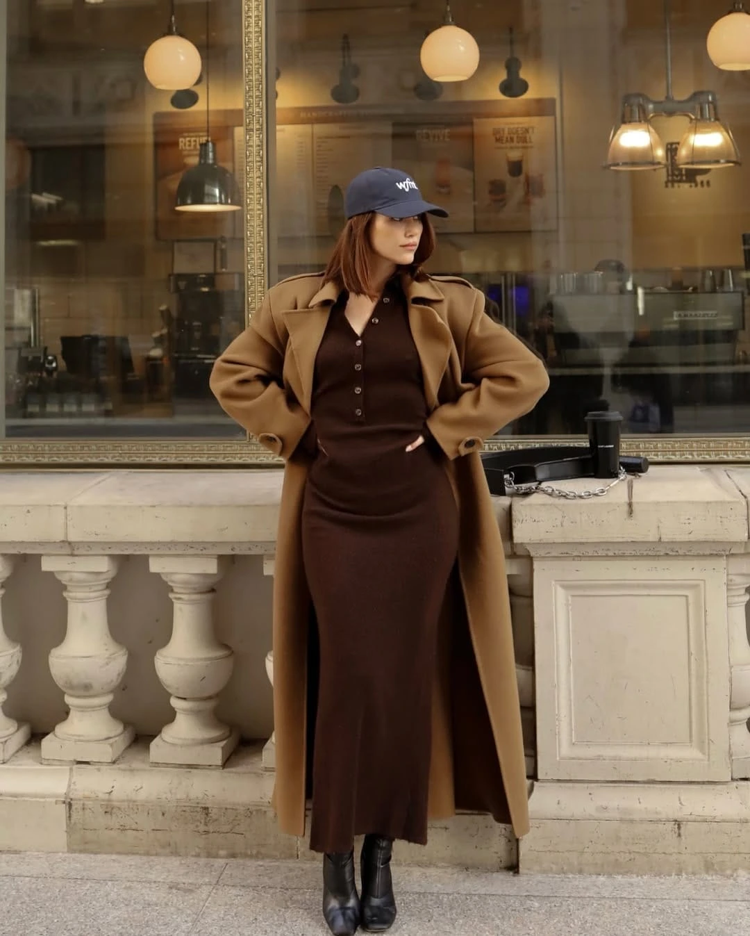 2- Caramel Coat with Chocolate Knit Dress